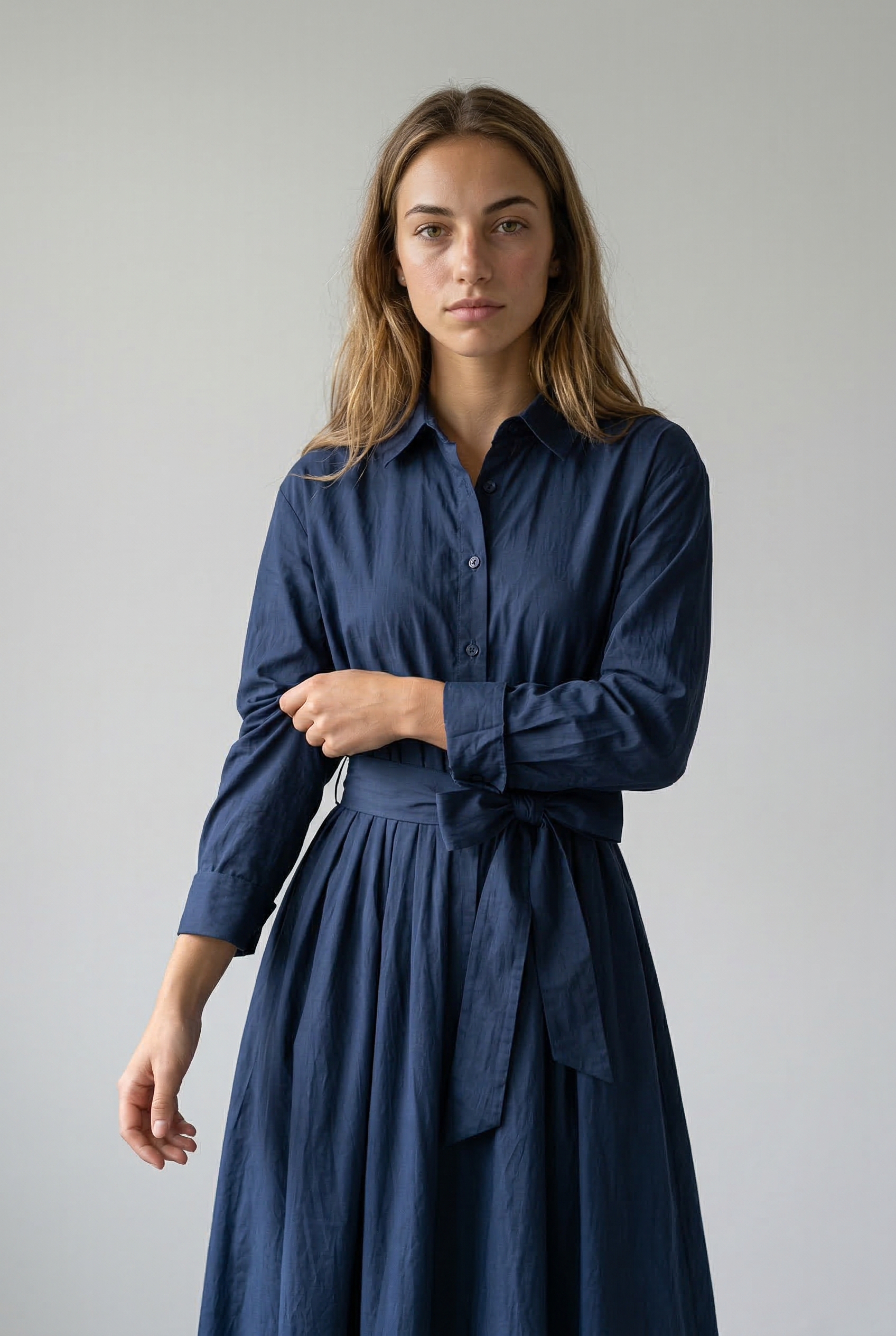Elegant Maxi Dress with Shirt, Long Sleeves, and Tie