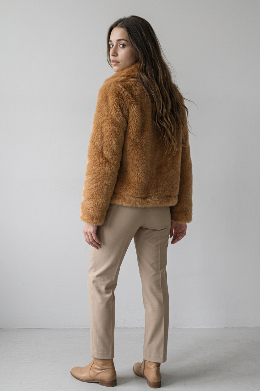 Elegant Long Faux Fur Coat with Long Sleeves and Solid Color