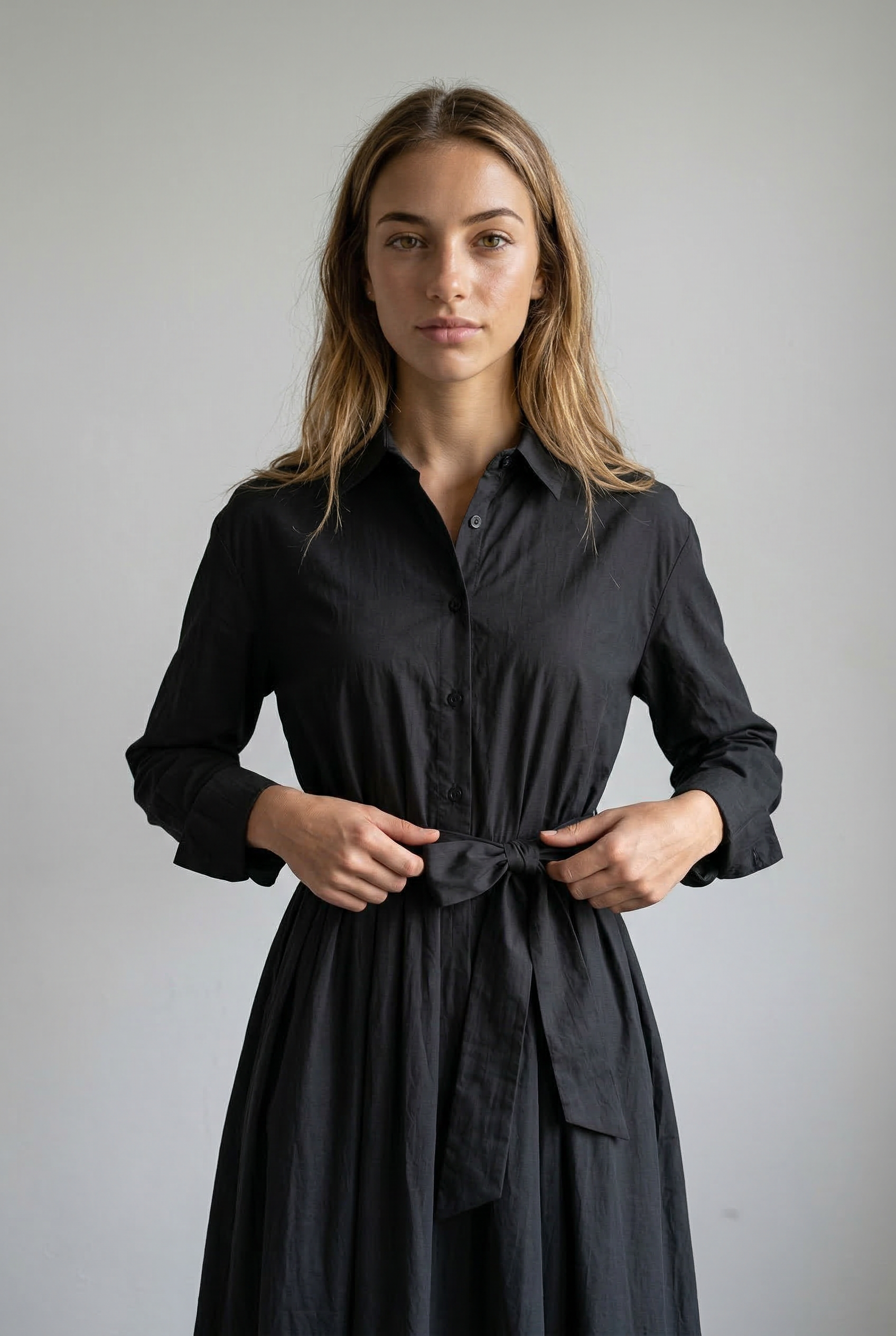 Elegant Maxi Dress with Shirt, Long Sleeves, and Tie