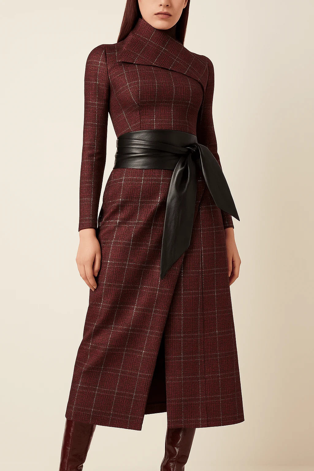 Asymmetric Dress with Sweetheart Neckline, Plaid Belt, Elegant