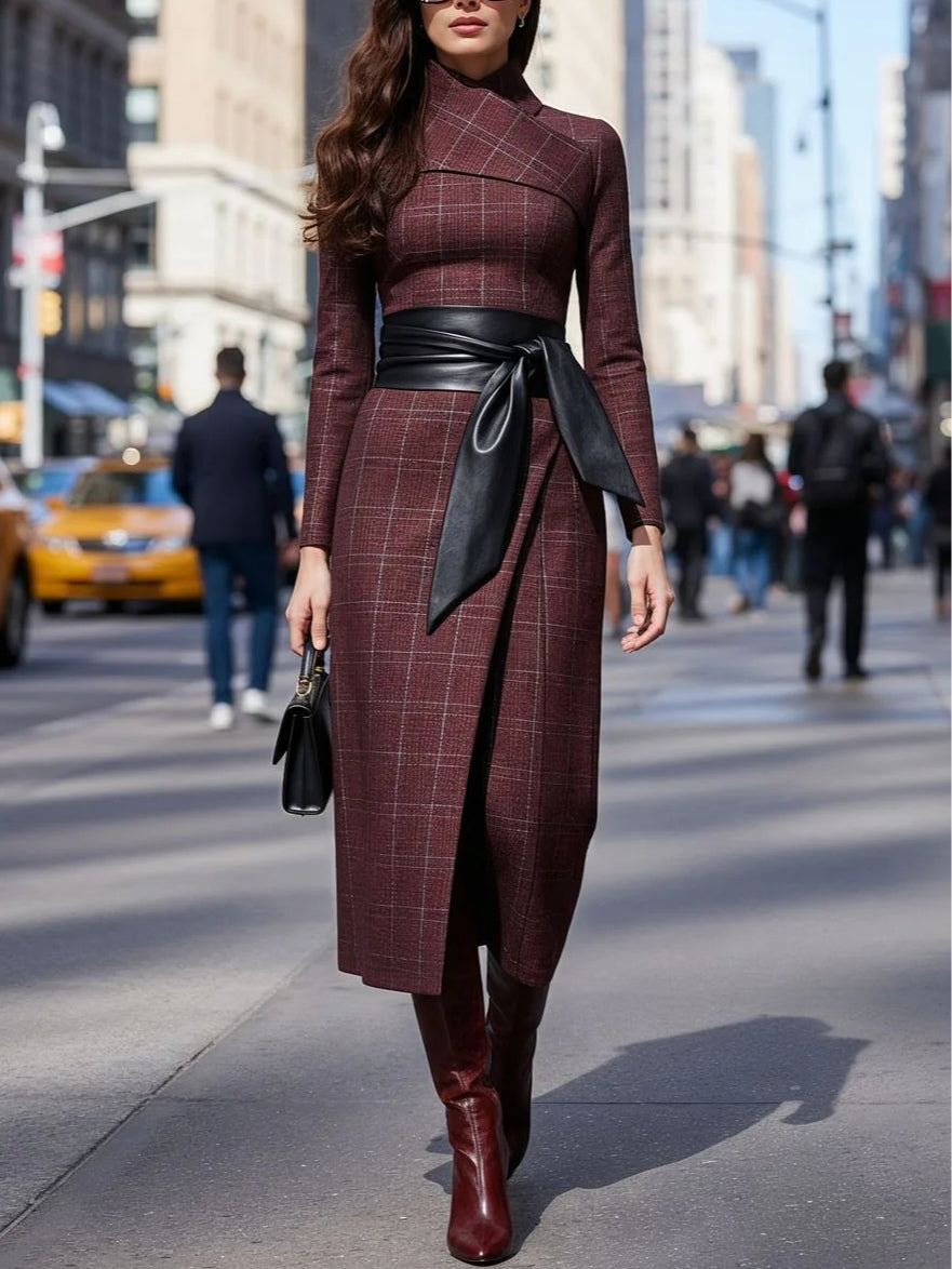 Asymmetric Dress with Sweetheart Neckline, Plaid Belt, Elegant