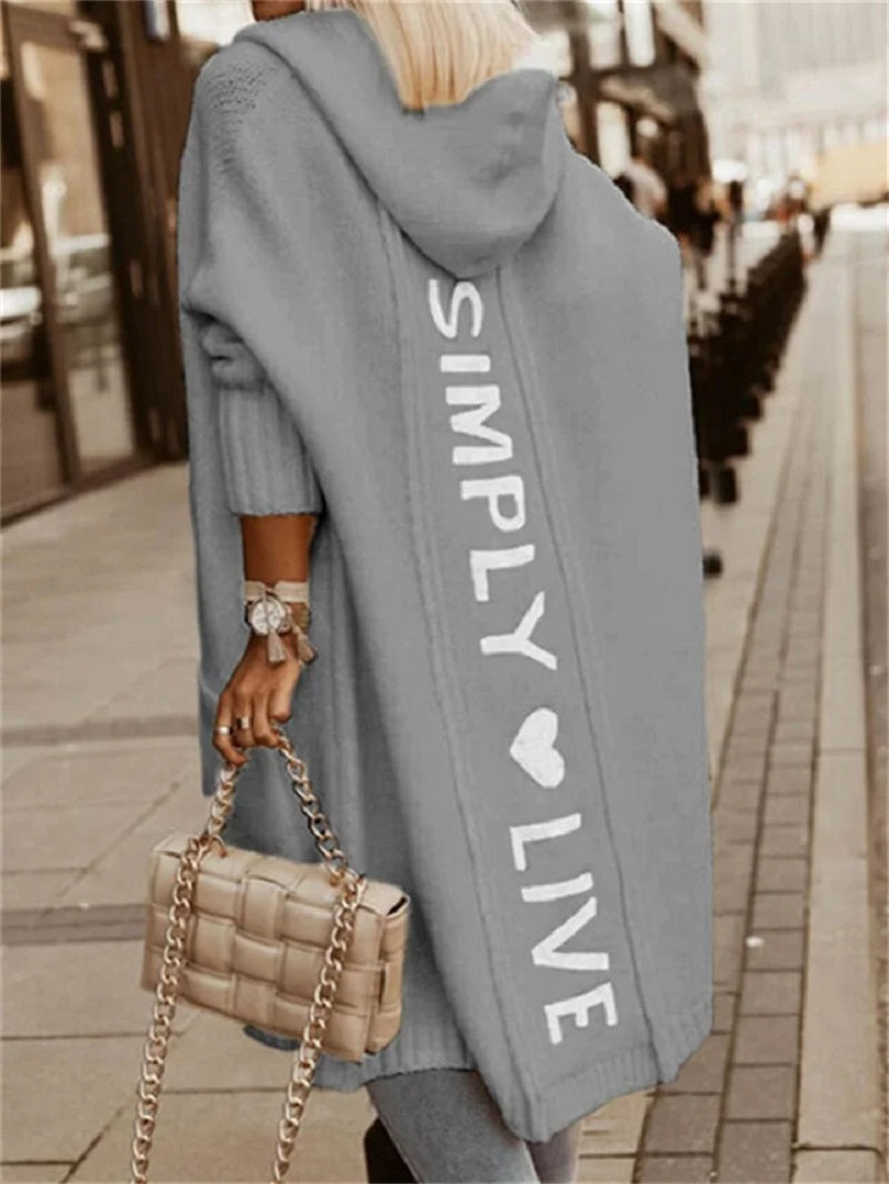 Cozy Women's Longline Hooded Cardigan with Bold Slogan Print