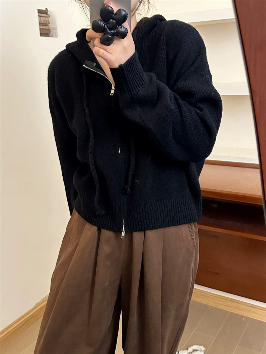 Casual Zip-Up Hooded Cardigan with Long Sleeves