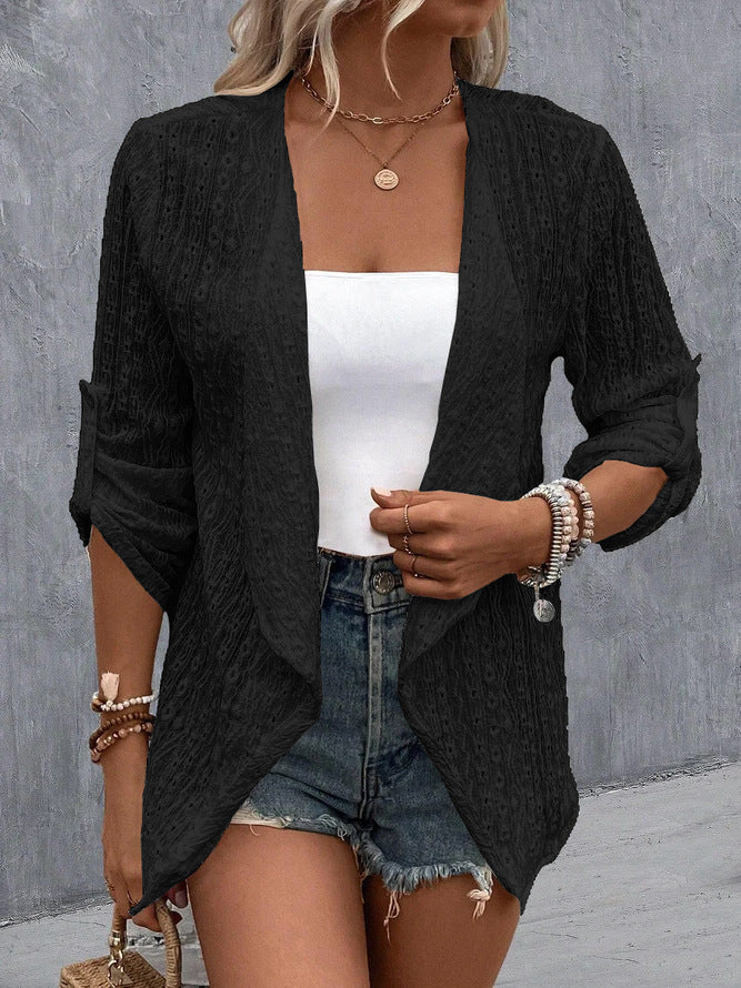 Cozy Women's Crochet Knit Cardigan - Open Front, Relaxed Fit, 3/4 Sleeve Layering