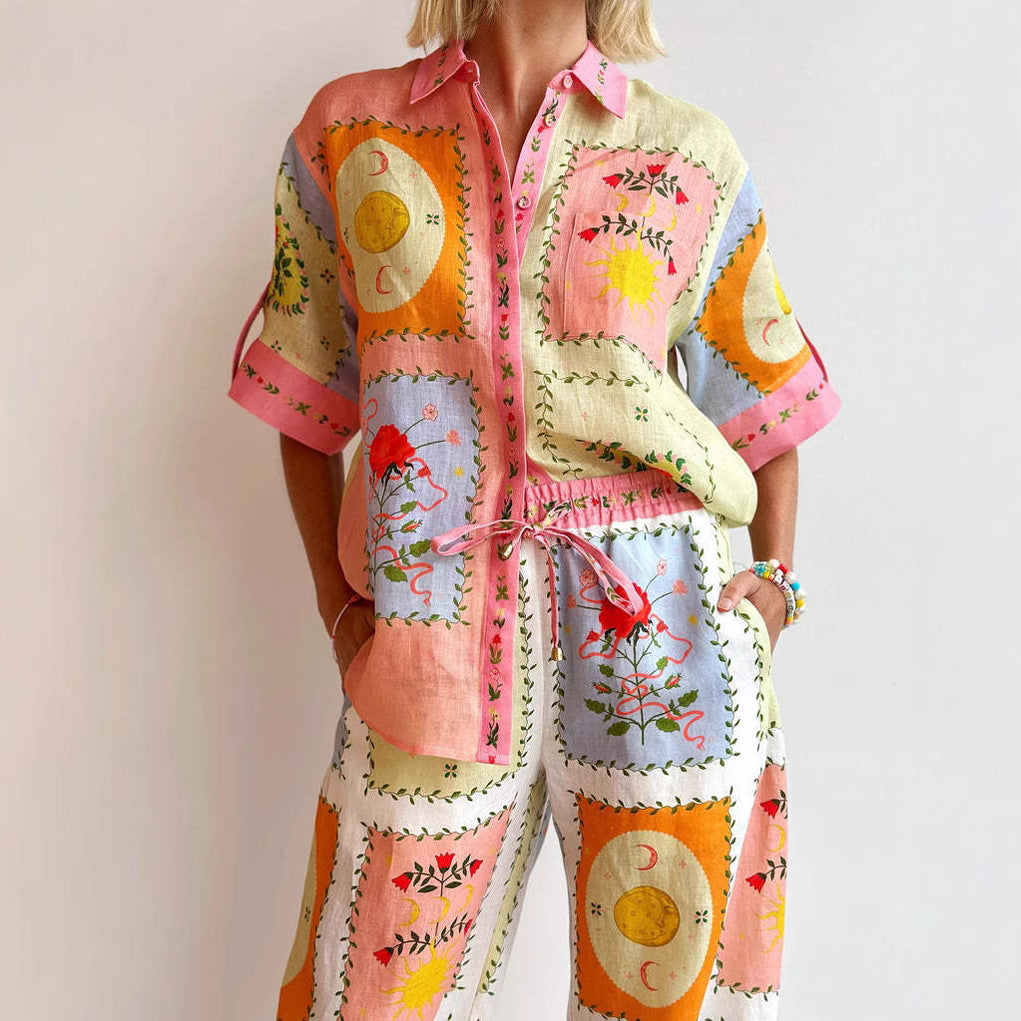 Women's Linen Cardigan — Relaxed Fit, Short Sleeves, Button-Front Boho Art Print