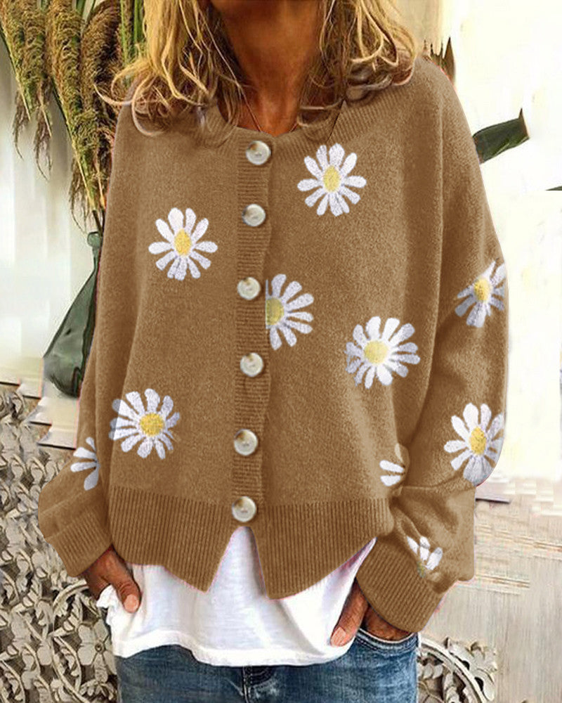 Women's Daisy-Embroidered Button-Down Cardigan with Floral Detail