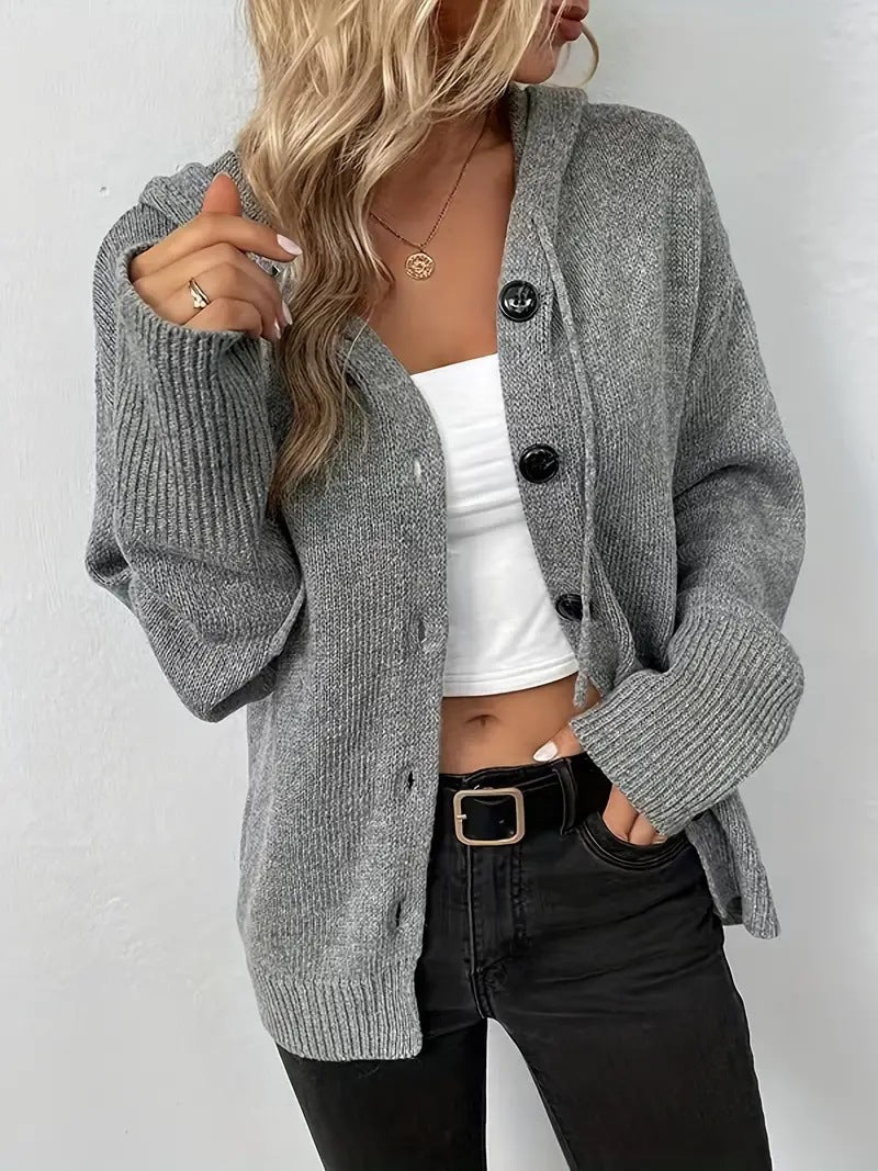 Cozy Button-Front Hooded Cardigan in Plain Style