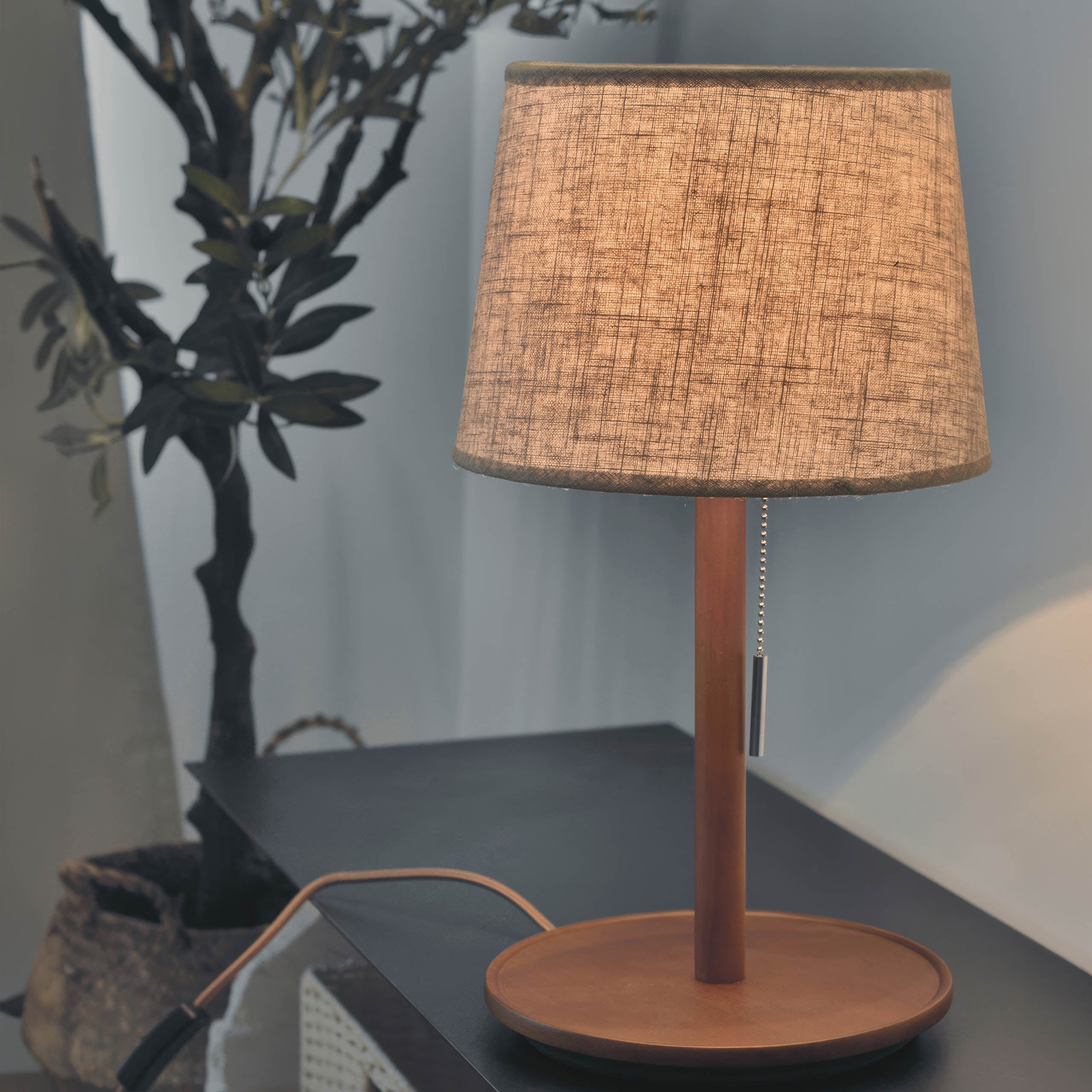 Elegant Gentle Glow Lamp made of Nordic Walnut wood with noble fabric accents