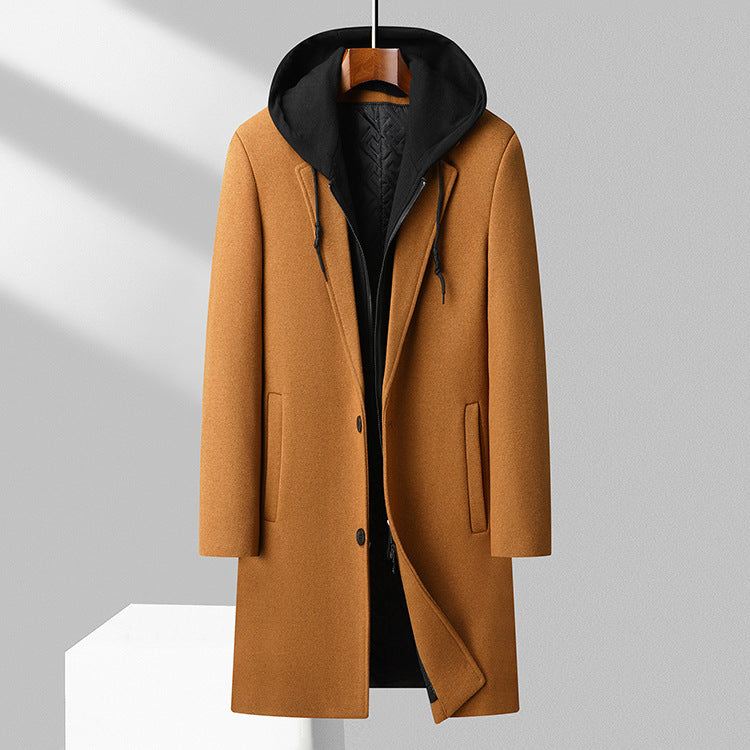 Long mixed wool men's coat with hood and classic buttons