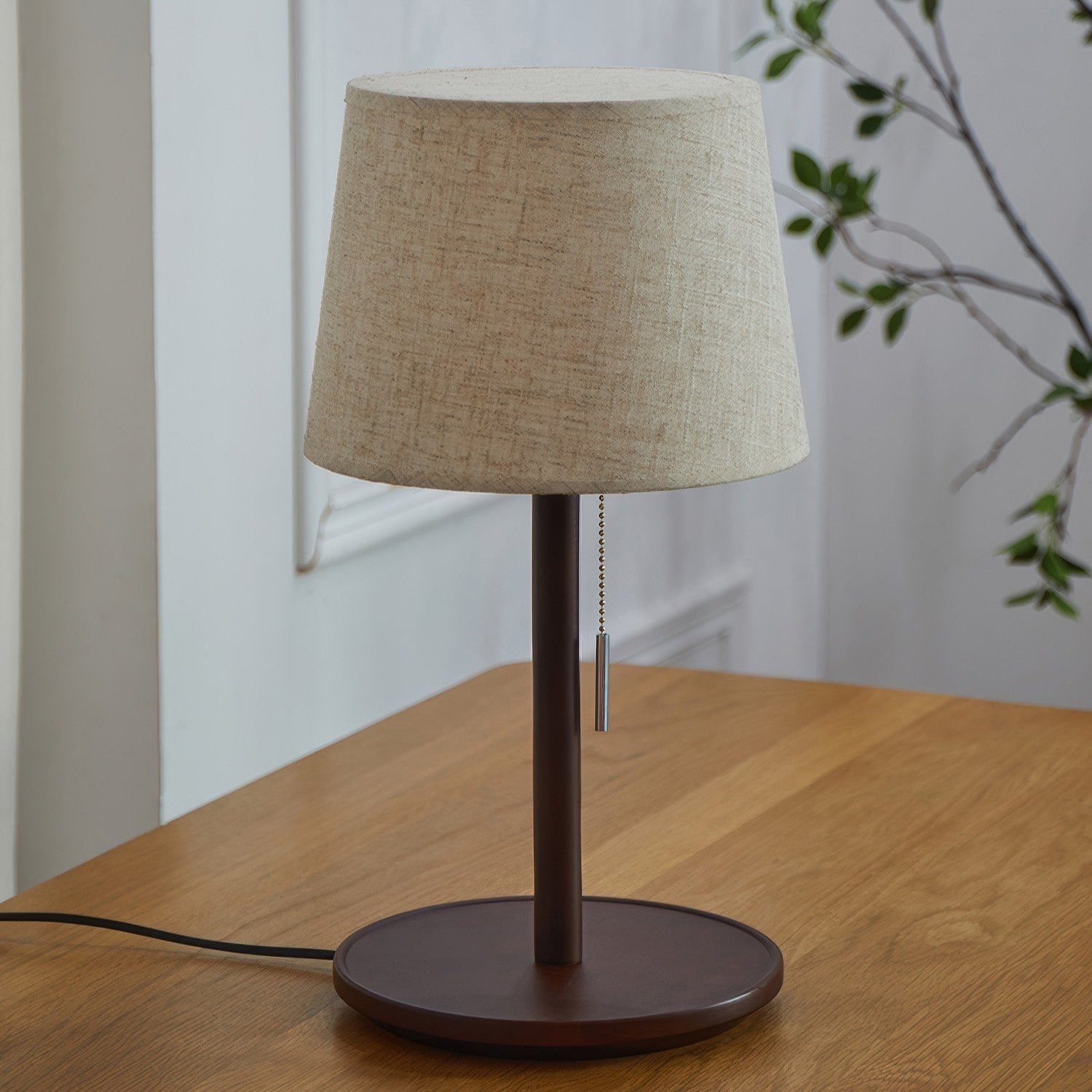 Elegant Gentle Glow Lamp made of Nordic Walnut wood with noble fabric accents