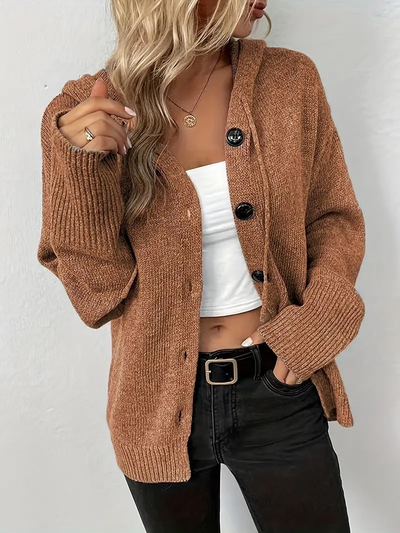 Cozy Button-Front Hooded Cardigan in Plain Style
