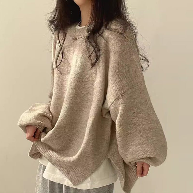 Women's Cozy Drop-Shoulder Sweater with Split Hem and Round Neck