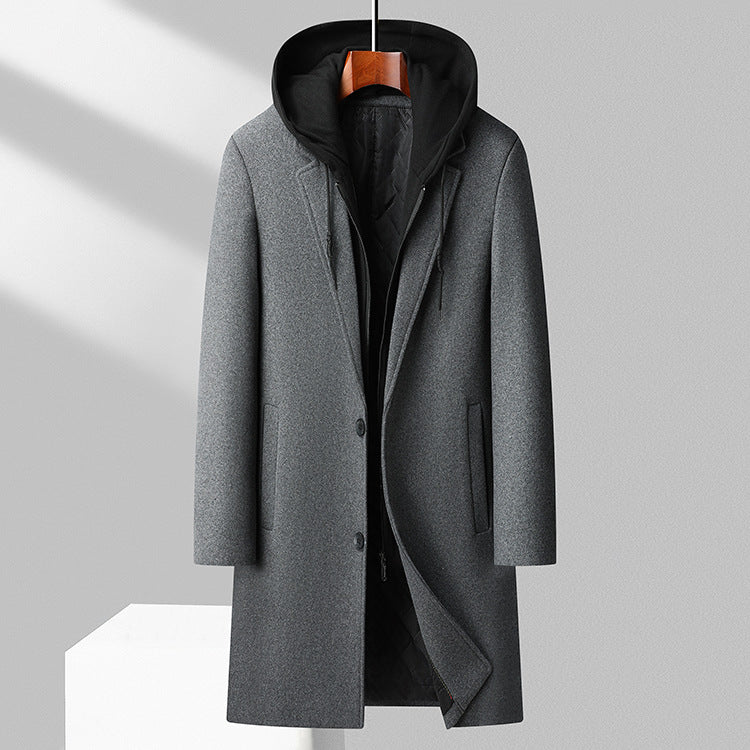 Long mixed wool men's coat with hood and classic buttons
