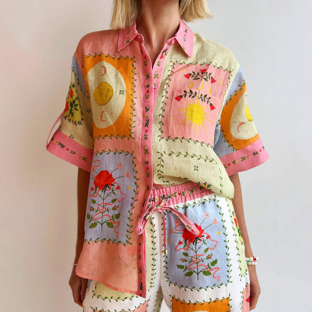 Women's Linen Cardigan — Relaxed Fit, Short Sleeves, Button-Front Boho Art Print