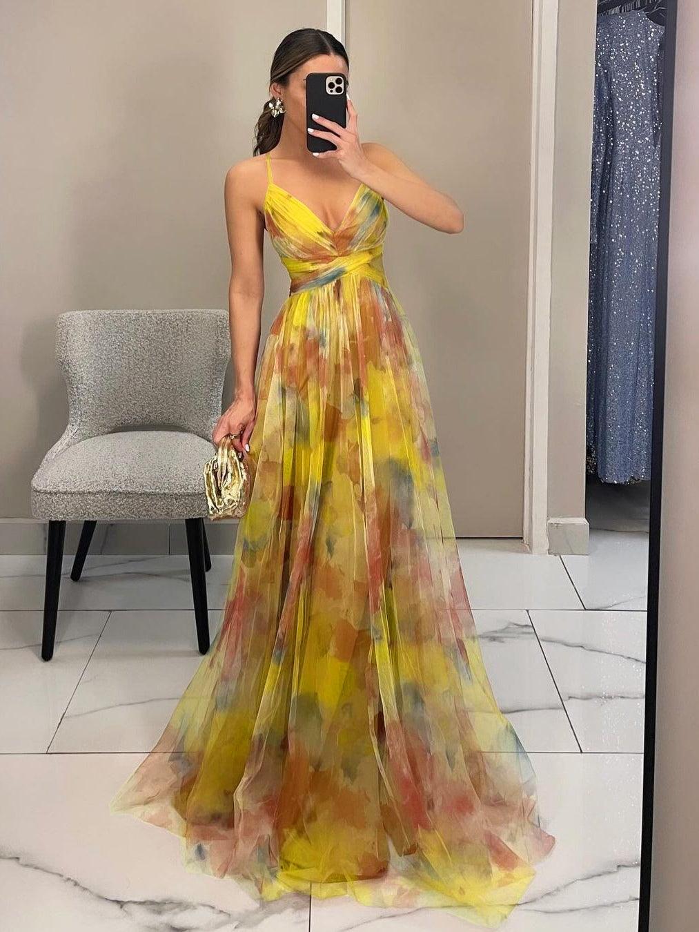 Elegant Dress with Painted Floral Print and V-neck