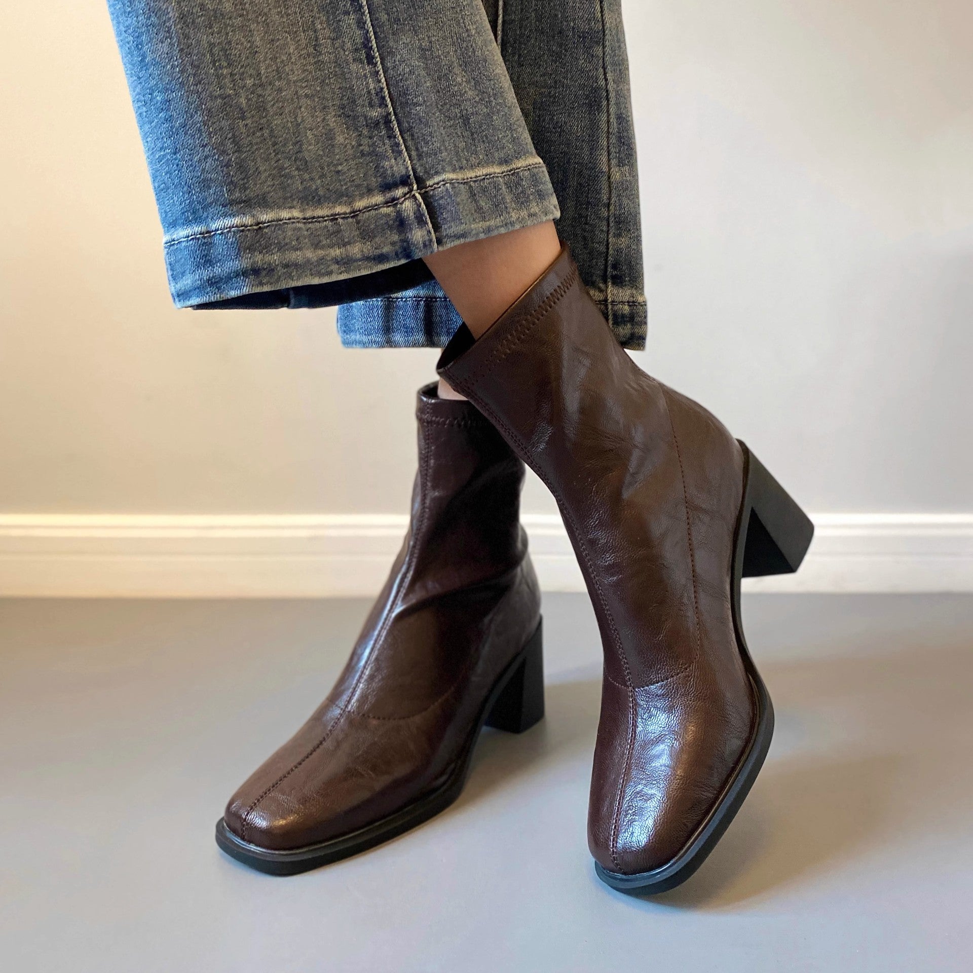 Square-toe boots with a block heel