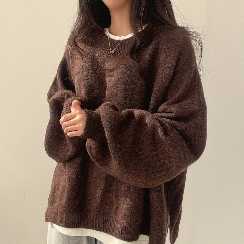 Women's Cozy Drop-Shoulder Sweater with Split Hem and Round Neck