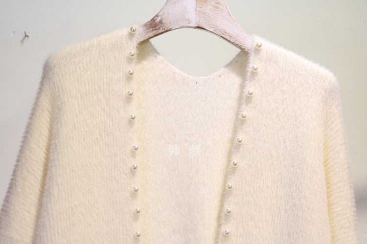 Women's Pearl-Accented Open-Front Knit Cardigan