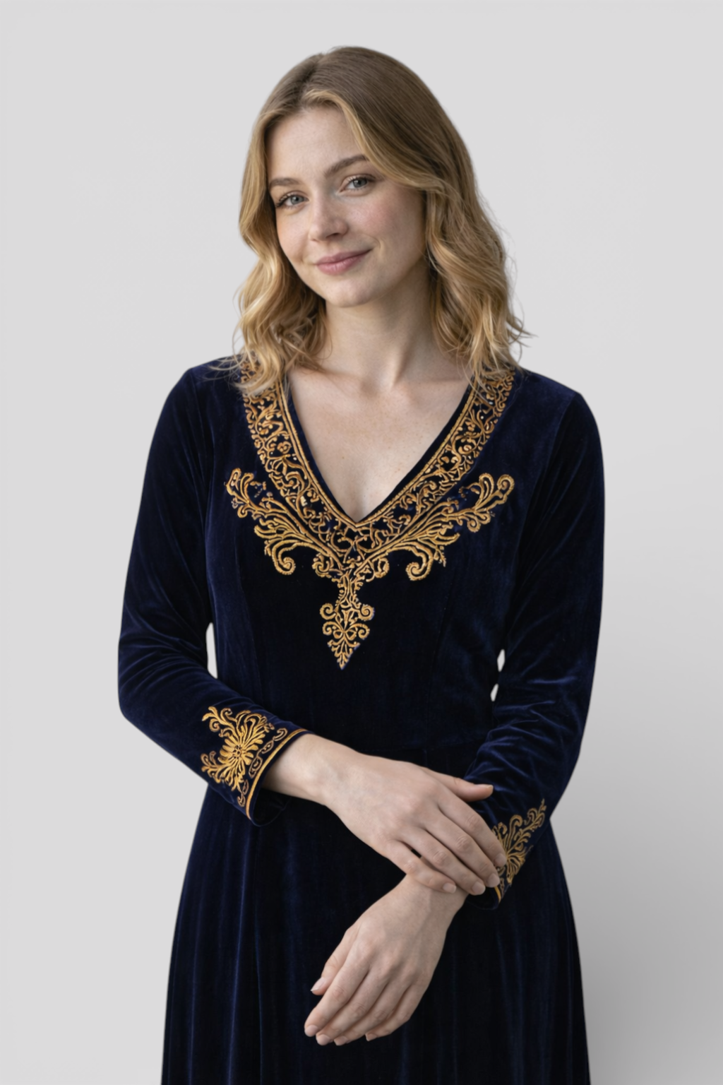 Ethnic Maxi  Dress in Navy Blue with Fringes and Split Neckline