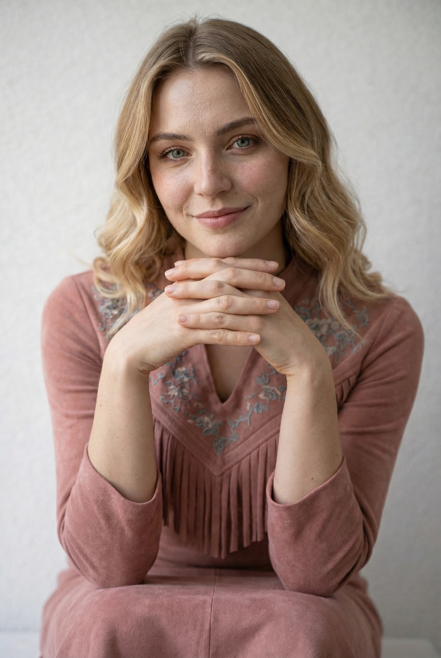 Vintage Western Long Dress with Fringe Embroidery in Pink Polyester