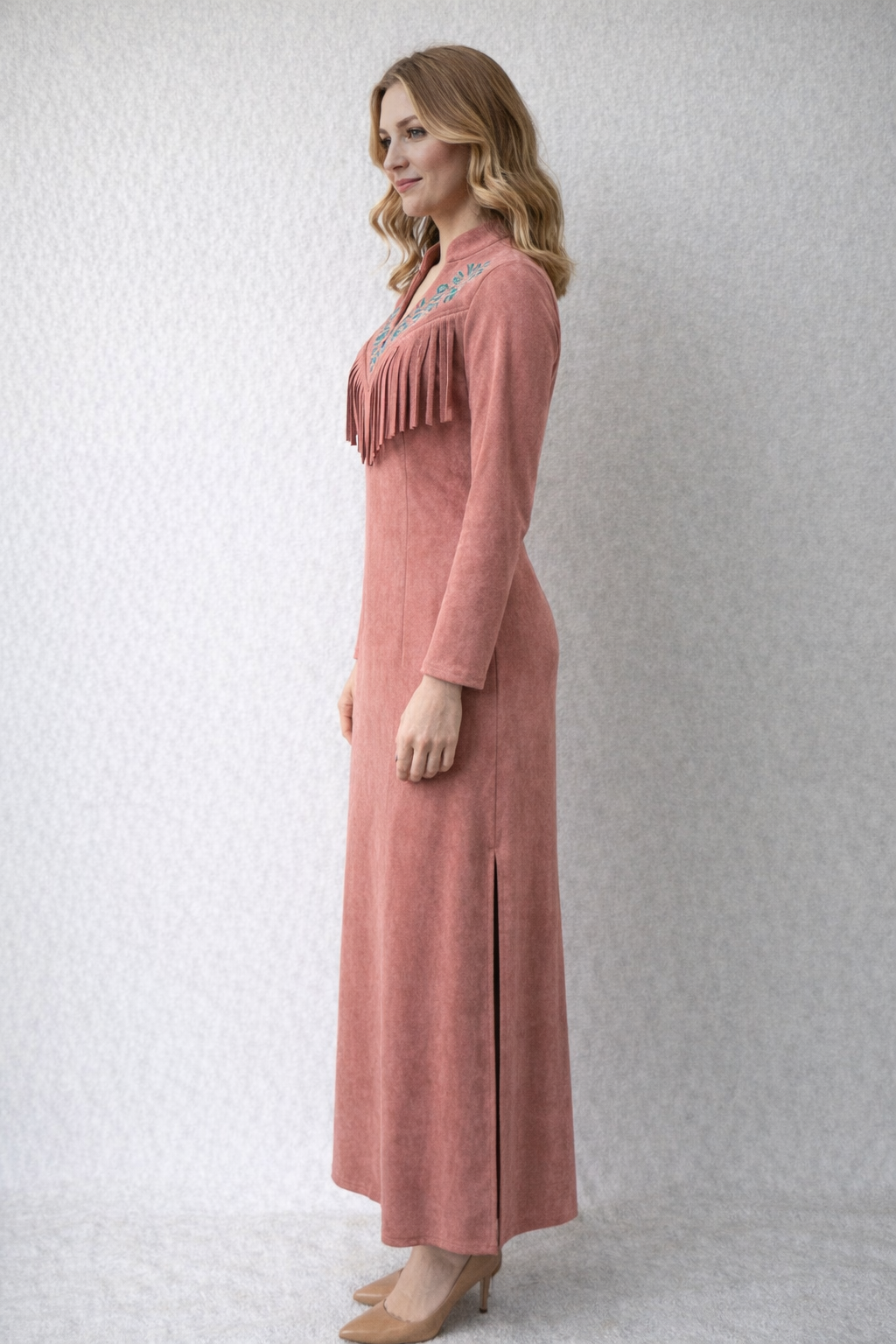Vintage Western Long Dress with Fringe Embroidery in Pink Polyester