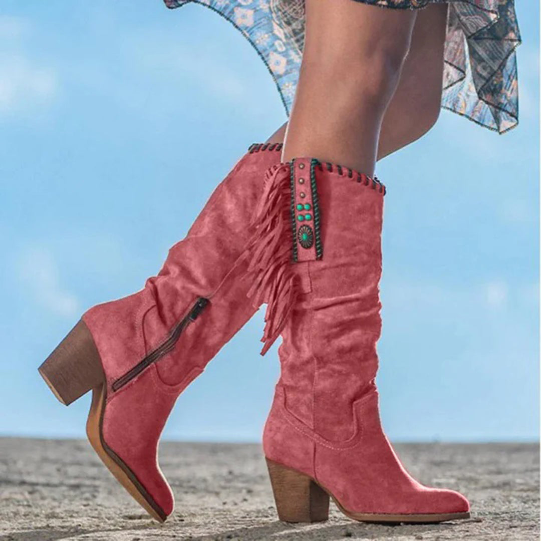 Women's Knee-High Western Boots with Fringe & Stud Detailing on a Sleek Block Heel