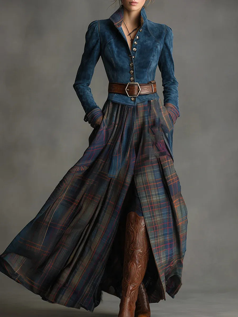 Retro Ethnic Maxi Dress in Faux Blue Tartan with Belt