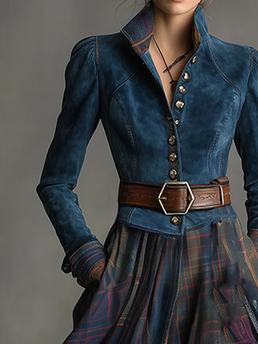 Retro Ethnic Maxi Dress in Faux Blue Tartan with Belt