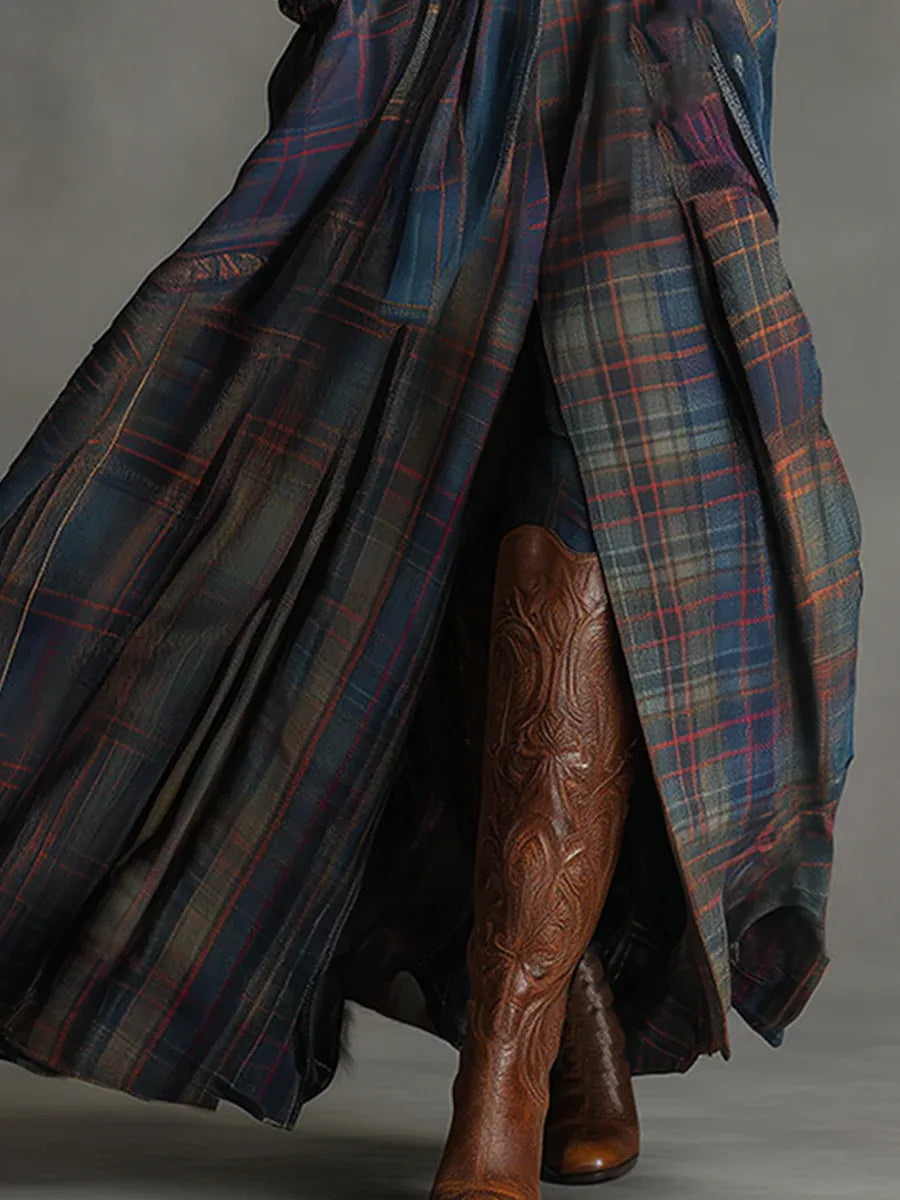 Retro Ethnic Maxi Dress in Faux Blue Tartan with Belt