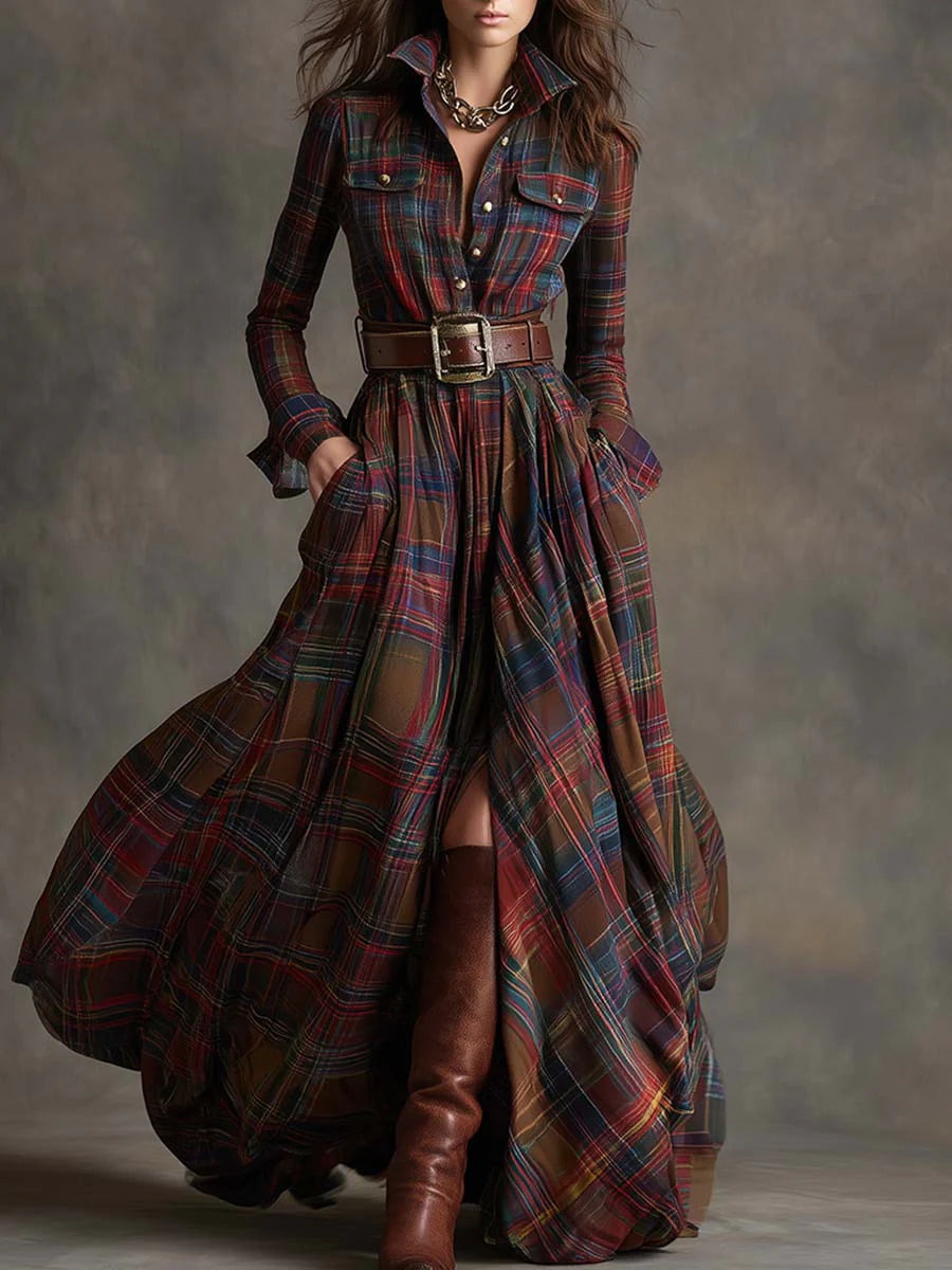 Chic Retro Lapel Reddish Brown Plaid Maxi Dress for Elegant Occasions