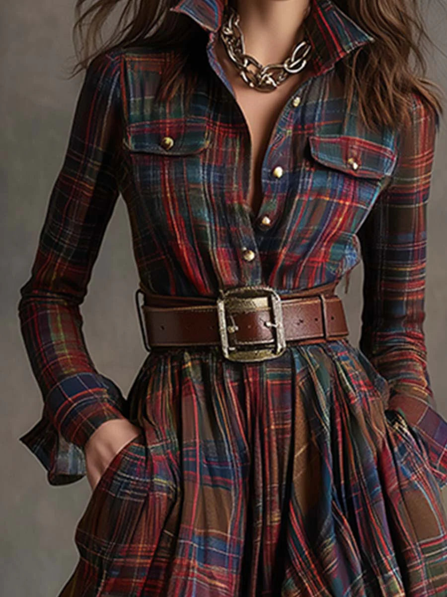 Chic Retro Lapel Reddish Brown Plaid Maxi Dress for Elegant Occasions