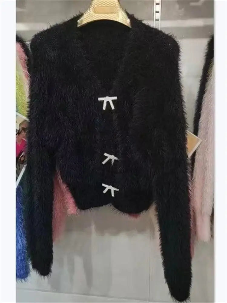 Women's Cropped Cardigan with Bow-Shaped Crystal Embellishment