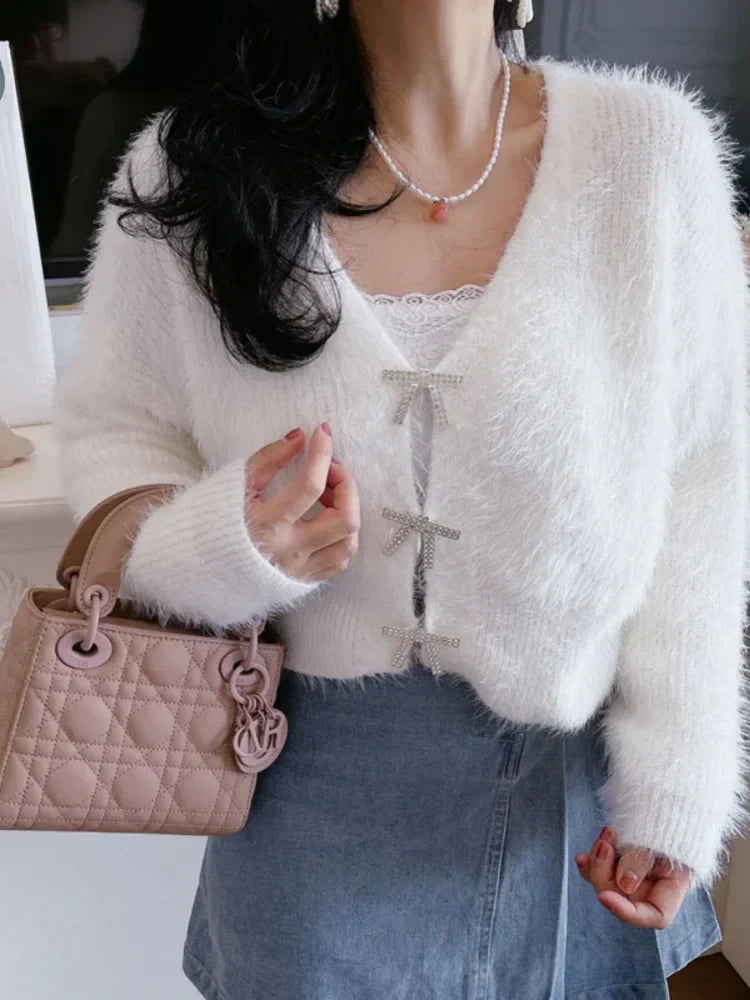 Women's Cropped Cardigan with Bow-Shaped Crystal Embellishment