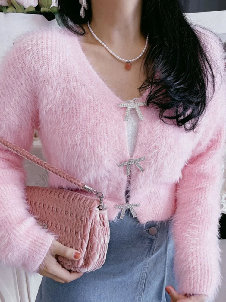 Women's Cropped Cardigan with Bow-Shaped Crystal Embellishment