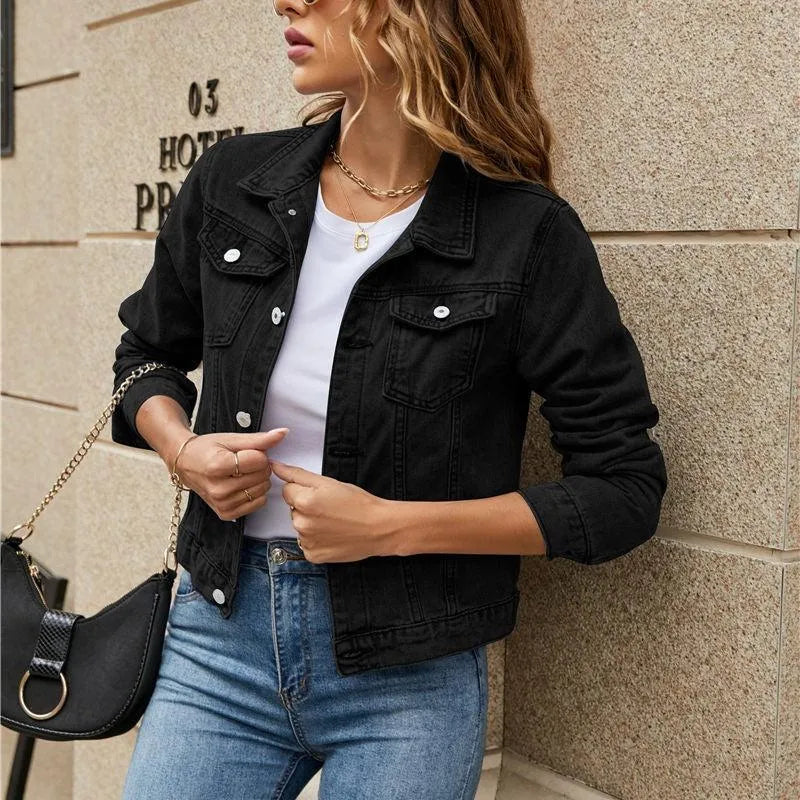 Stylish Women's Denim Jacket - Sustainable Denim with Snap Buttons and Chest Pockets - Ideal for Trendy Casual Looks