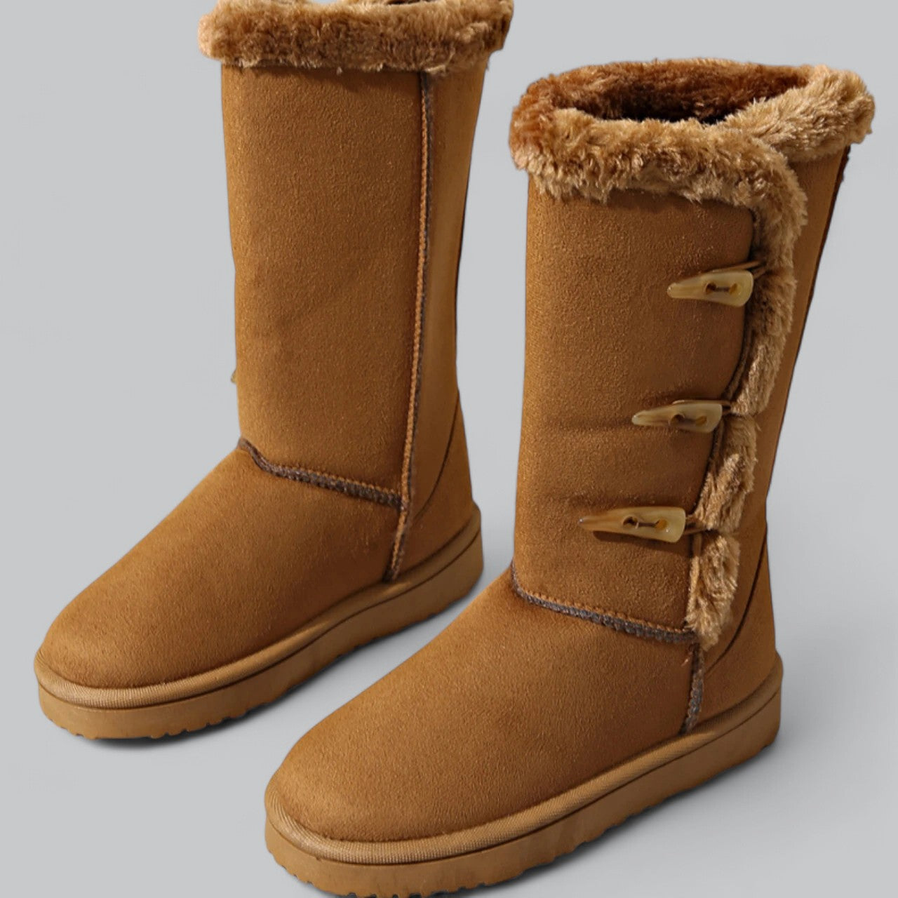 Women's Casual Mid-Height Snow Boots with Flat Heel and Horn Buckle - Cozy Winter Style