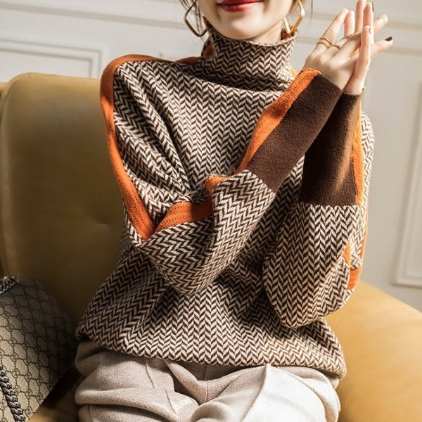 Eleanor - Sophisticated Chevron Pattern Wool Turtleneck