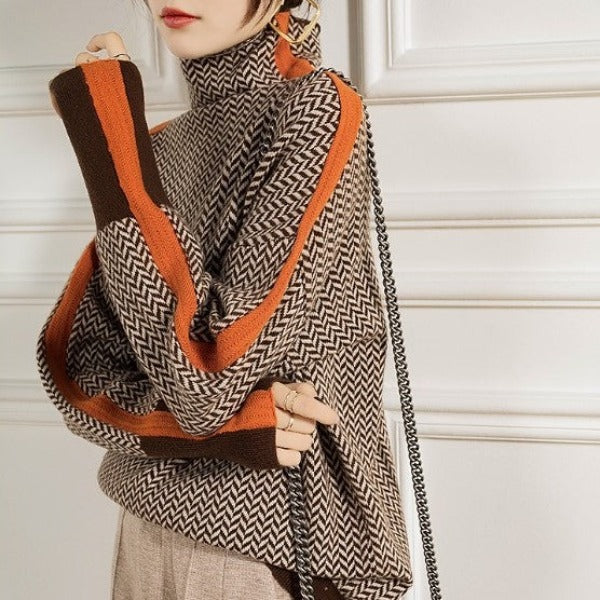 Eleanor - Sophisticated Chevron Pattern Wool Turtleneck