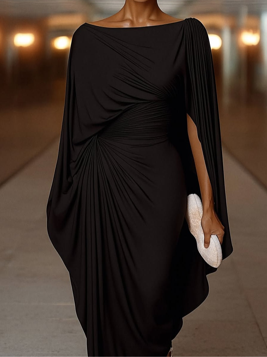Slim long trendy dress with irregular pleats and elegant drapes
