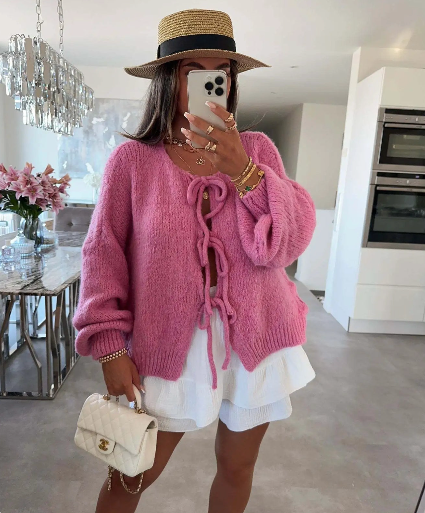 Cozy Knitted Bow Cardigan