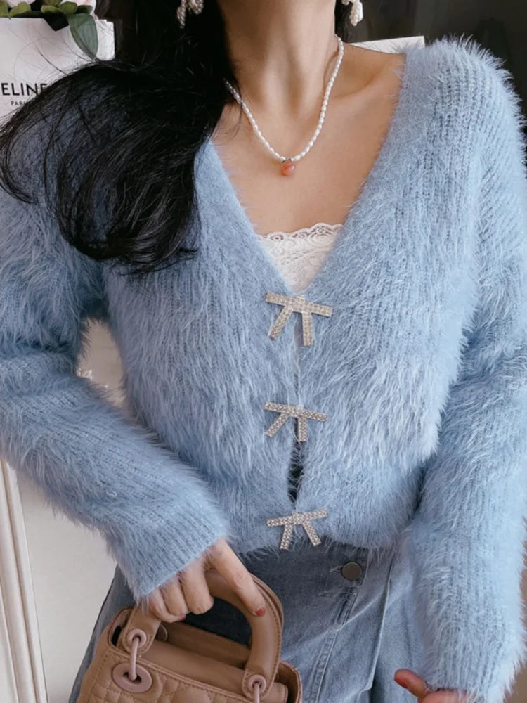 Women's Cropped Cardigan with Bow-Shaped Crystal Embellishment