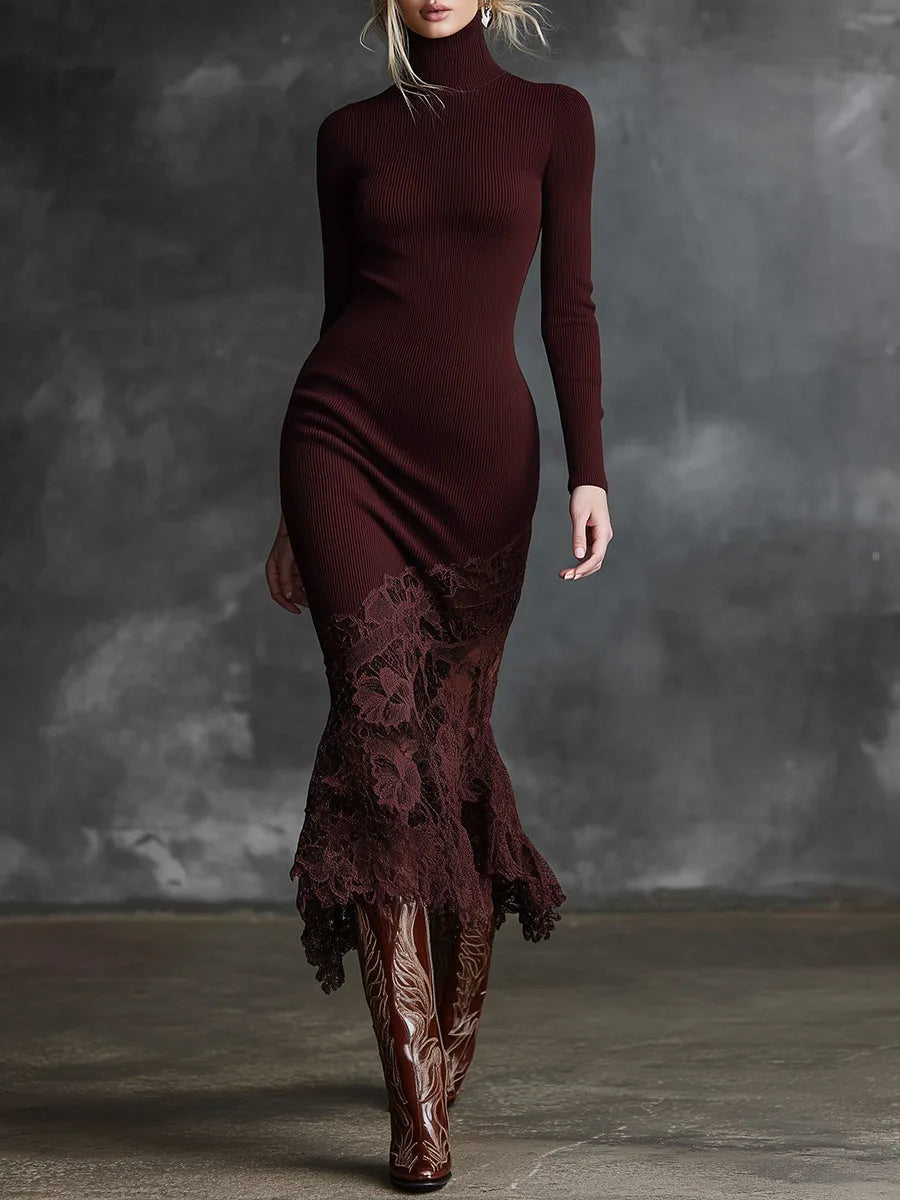 Elegant long lace dress with high collar and lace hem - Burgundy