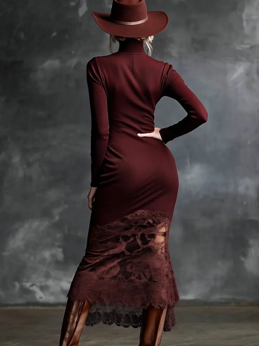 Elegant long lace dress with high collar and lace hem - Burgundy