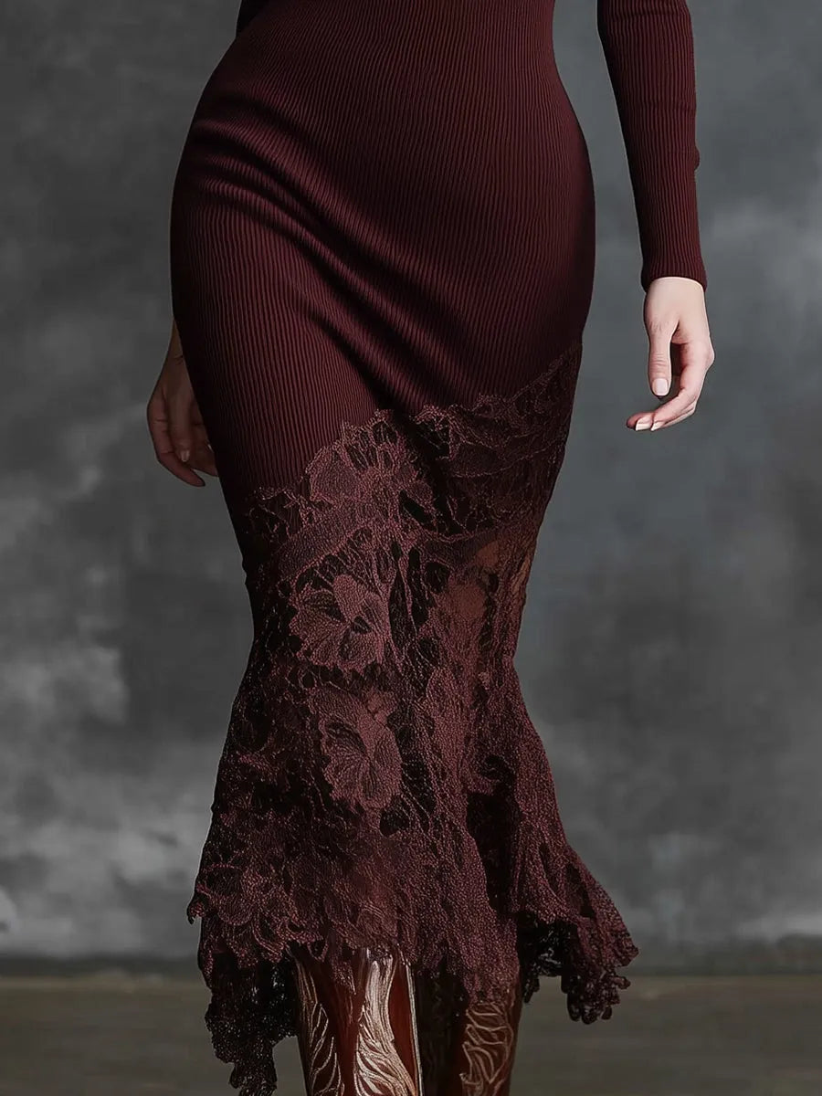 Elegant long lace dress with high collar and lace hem - Burgundy