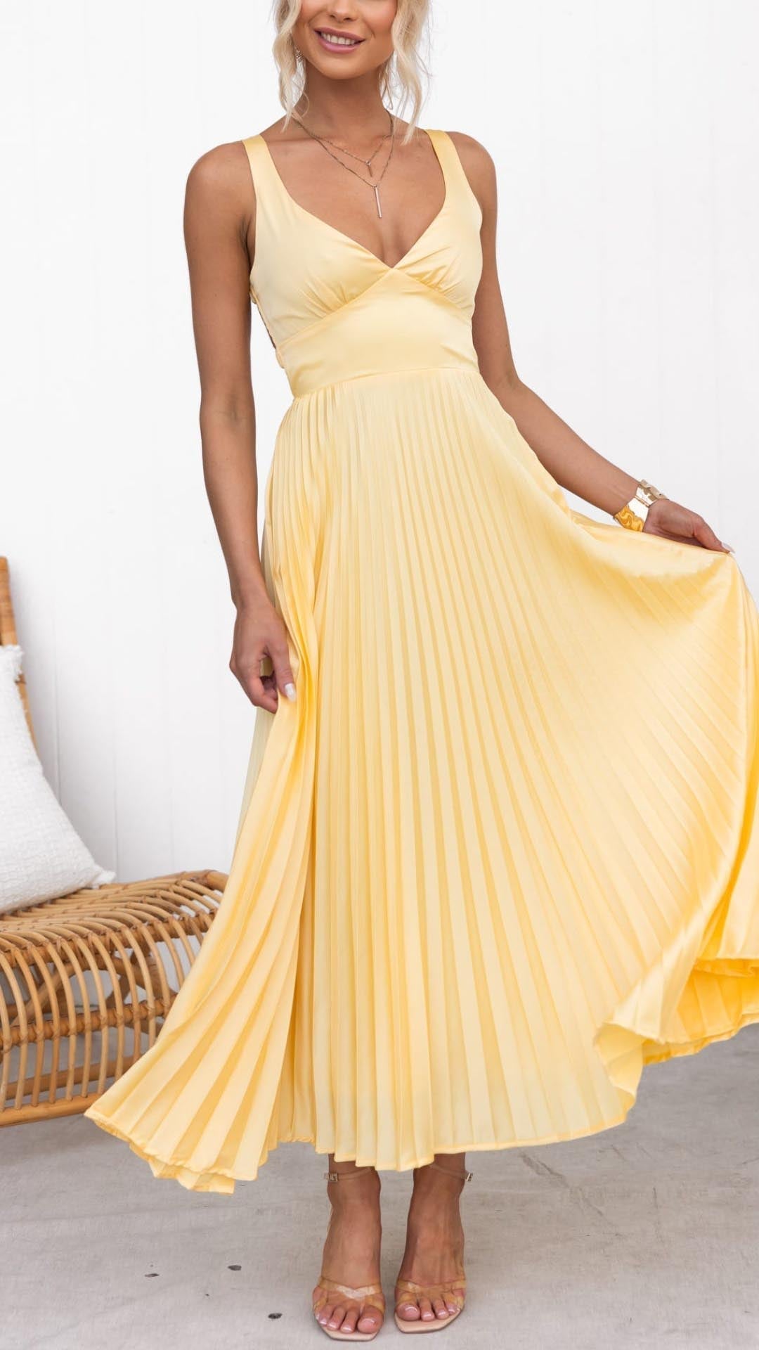 Aby Yellow Pleated V-Neck Maxi Dress – Effortless, Flowy Elegance