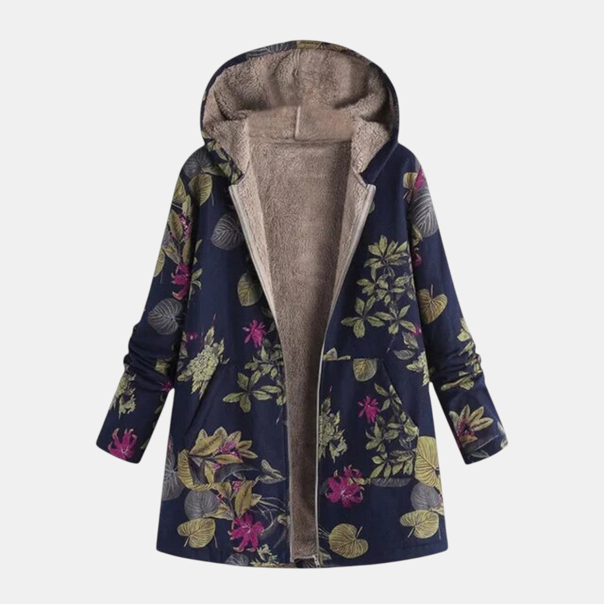 Sandra | Navy Garden Floral Plush Coat — Ultra-Soft, Cozy Outerwear