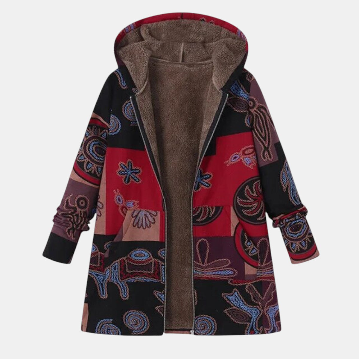 Marina Boho-Style Abstract Patchwork Hoodie Coat – Cozy, Chic Outerwear