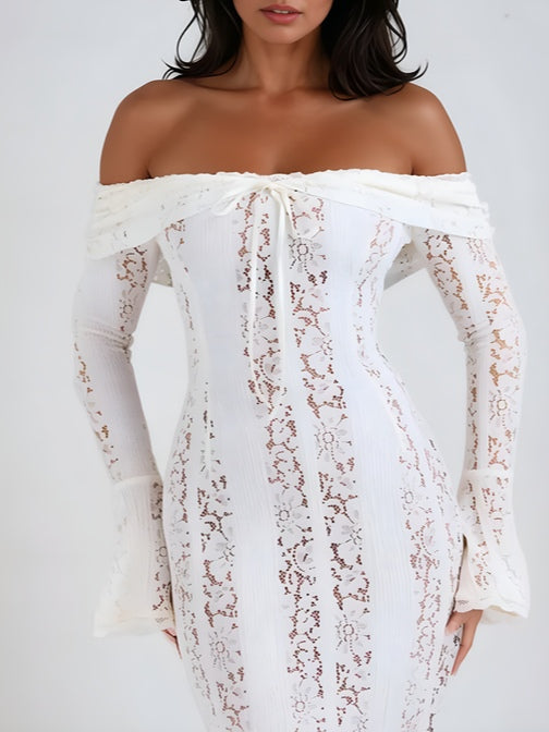 Elegant Long Maxi Lace Dress with Off-the-Shoulder Design