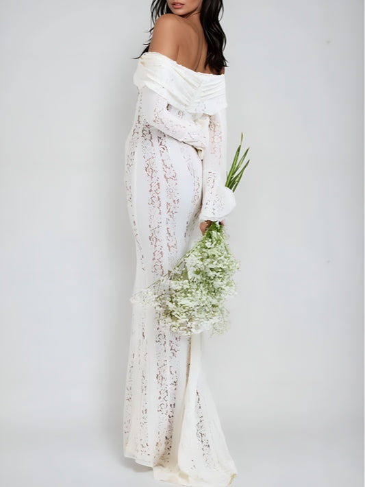 Elegant Long Maxi Lace Dress with Off-the-Shoulder Design
