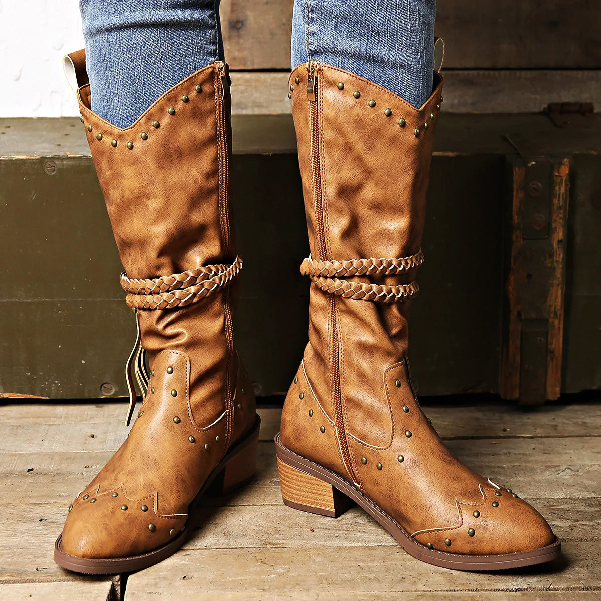 Women's Western Boots - Faux Leather, Studded Details, Braided Strap, Pointed Toe